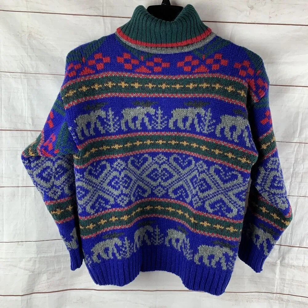 Eddie Bauer Sweater Pullover Vintage Wool turtleneck Deer Animals Geometric Aran - Picture 3 of 16